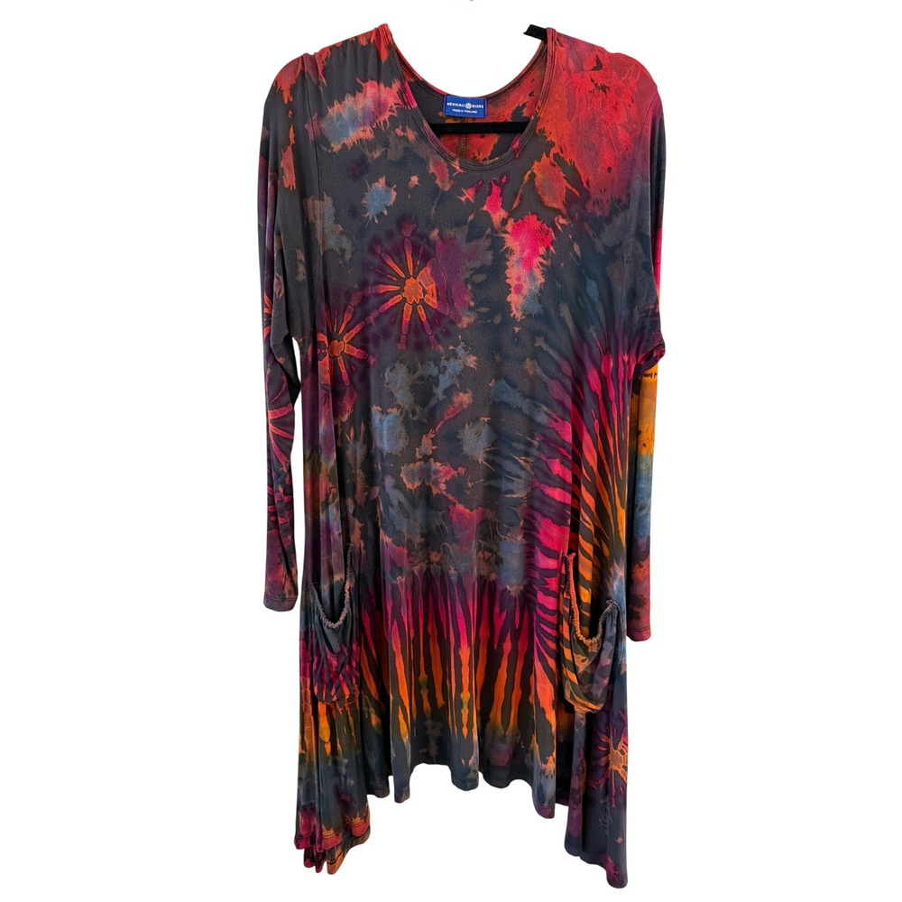 Mexicali Blues Tie Dye Tunic Mini Dress Long Sleeve Pockets Boho Red Orange OS